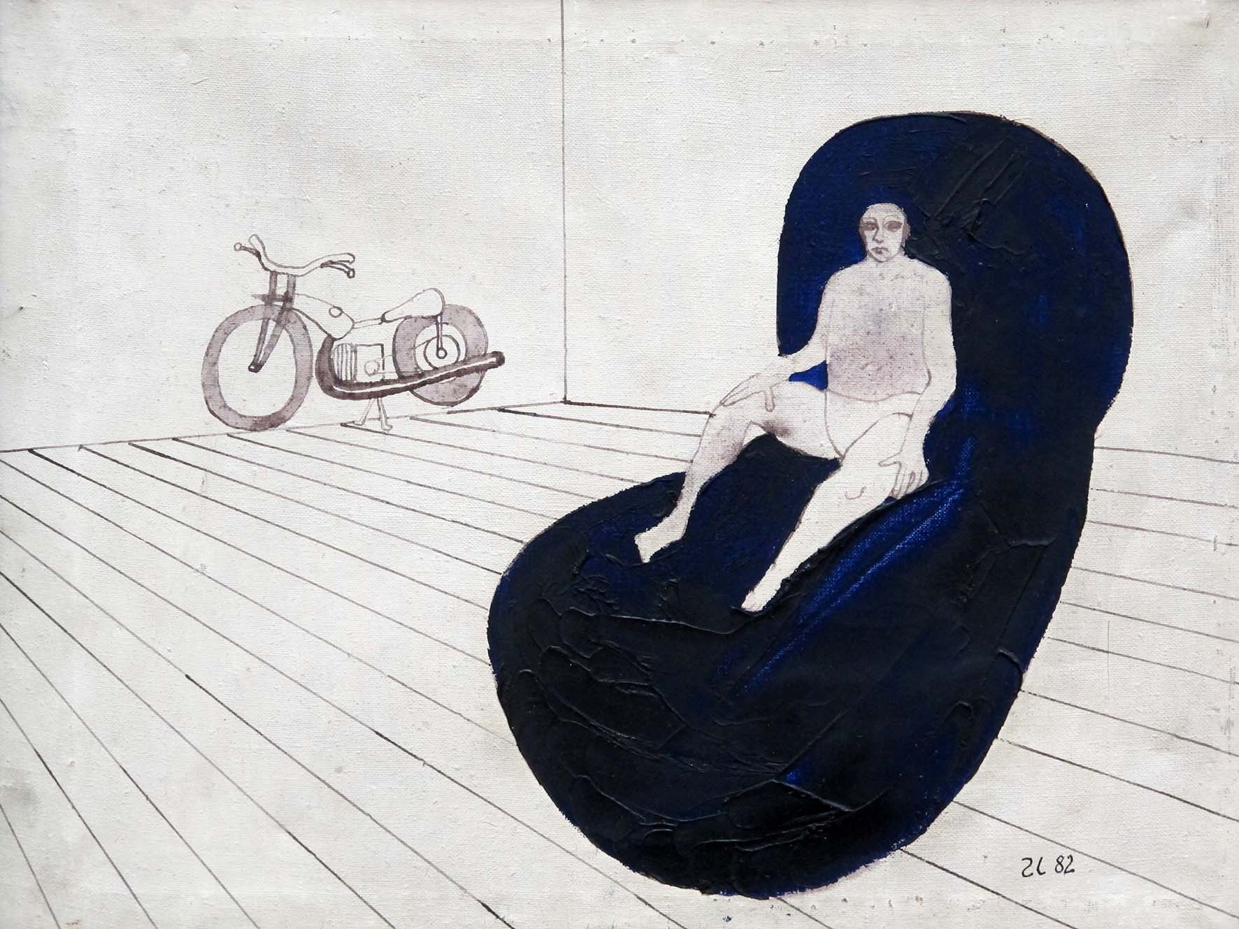 Leszek Zając, //Mistrz świata na żużlu//, 1982, tusz, olej, płótno 