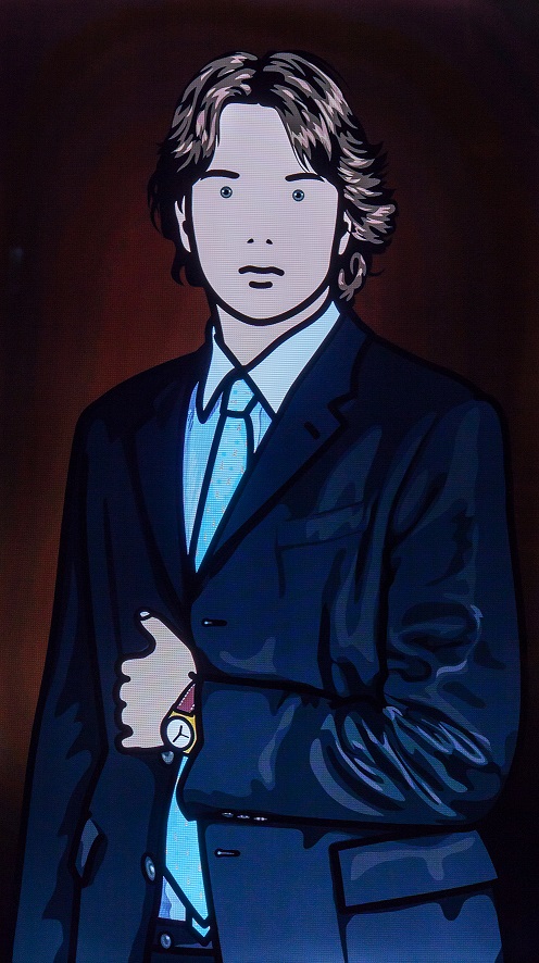 Julian Opie, //Lorenzo z ręką na piersi//, 2008, obiekt, animacja komputerowa