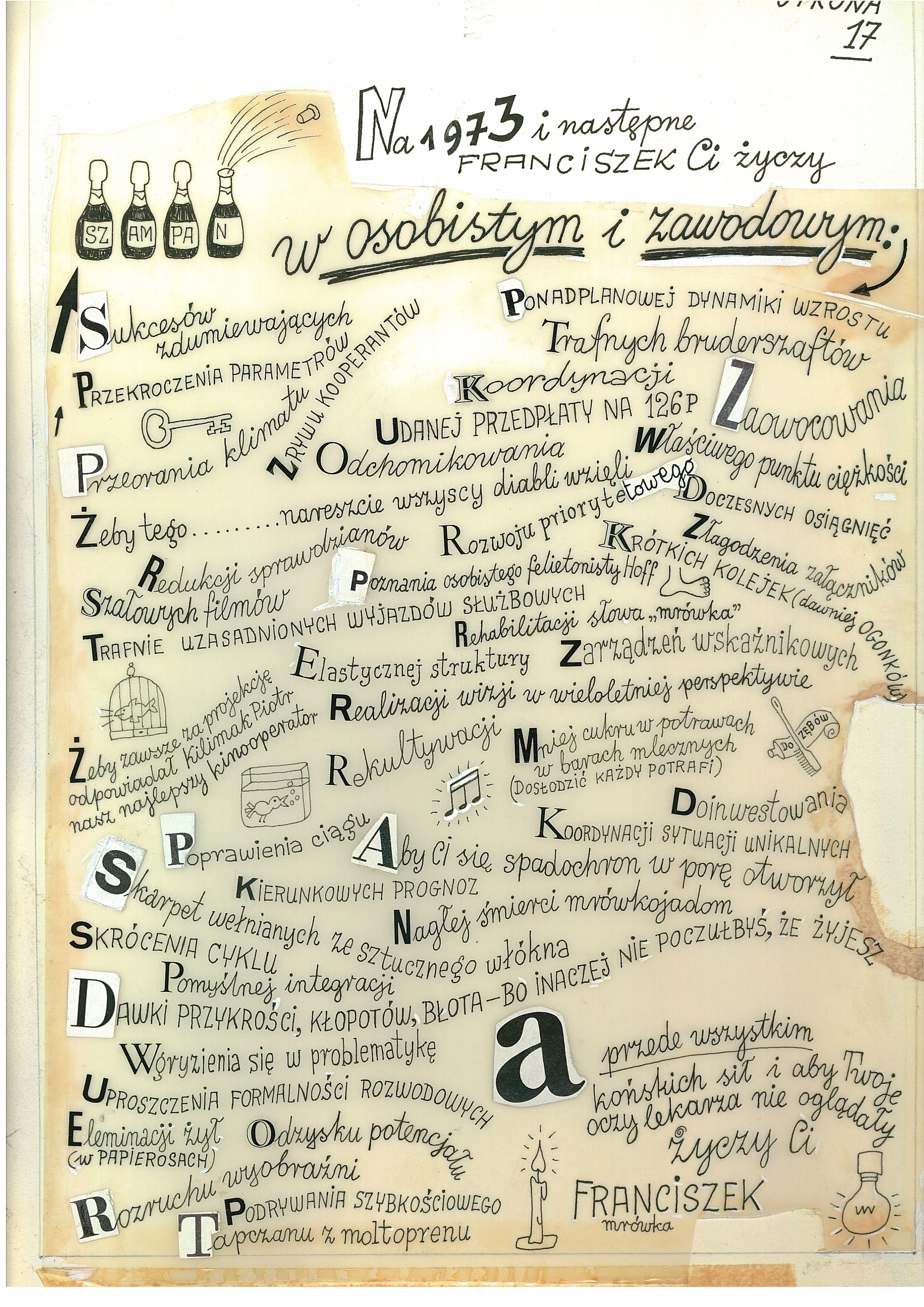 Projekty rubryki //Franciszek i inni// autorstwa Mariana Eilego, ukazującej się w czasopiśmie „Szpilki”, lata 70., Archiwum MOCAK-u