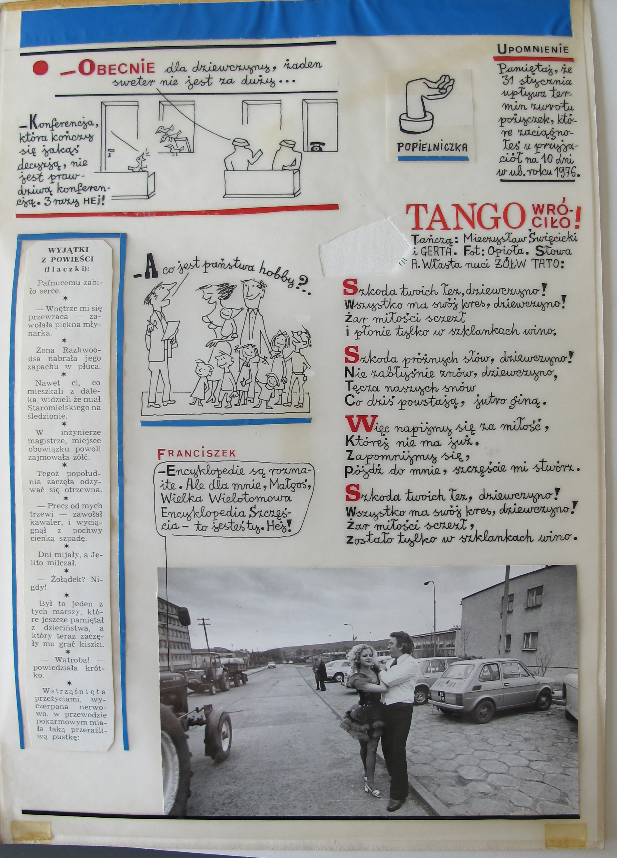 Projekty rubryki //Franciszek i inni// autorstwa Mariana Eilego, ukazującej się w czasopiśmie „Szpilki”, lata 70., Archiwum MOCAK-u