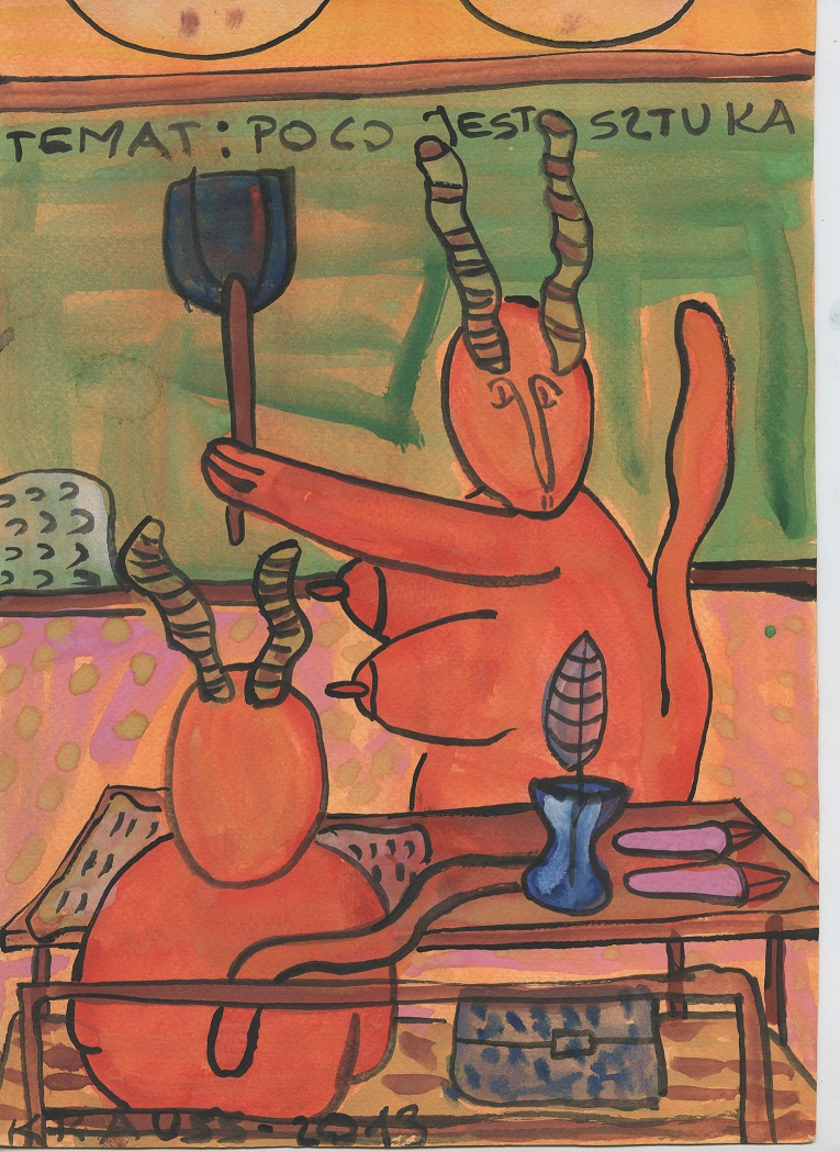 Marek Krauss, //Szkoła//, z cyklu //Po co jest sztuka, życie rodzinne//, 2013, gwasz / karton, 29,7 × 21 cm, Kolekcja MOCAK-u