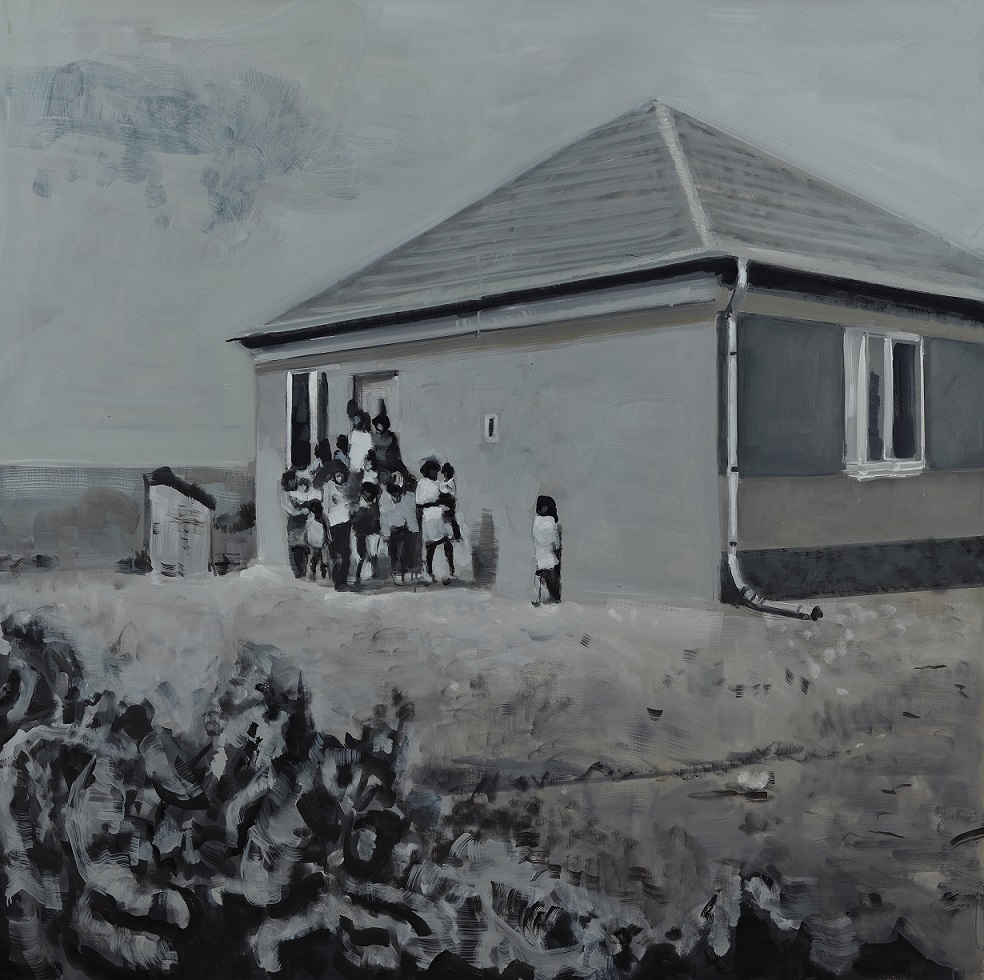 Csaba Nemes, //Rodzina Romów//, 2009, z cyklu //Imię ojca: Csaba Nemes//, olej / płótno, 200 × 200 cm, courtesy Knoll Galleries Vienna & Budapest