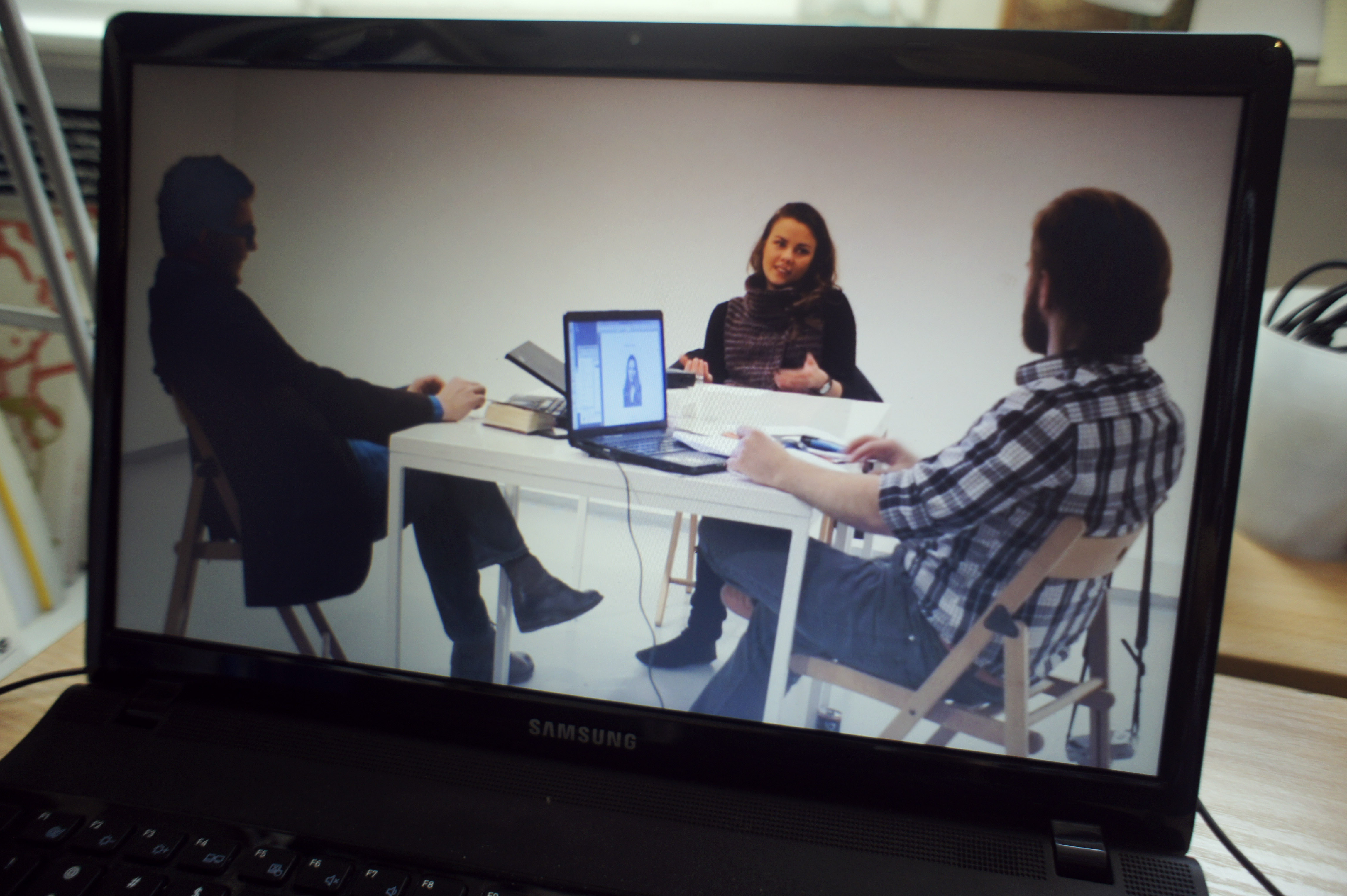 Job Offer, Stanisław Ruksza  with Parasite during a job interview for the post of the artist-parasite in Kronika Centre for Contemporary Art in Bytom, 2013 (from the artist’s personal archive)