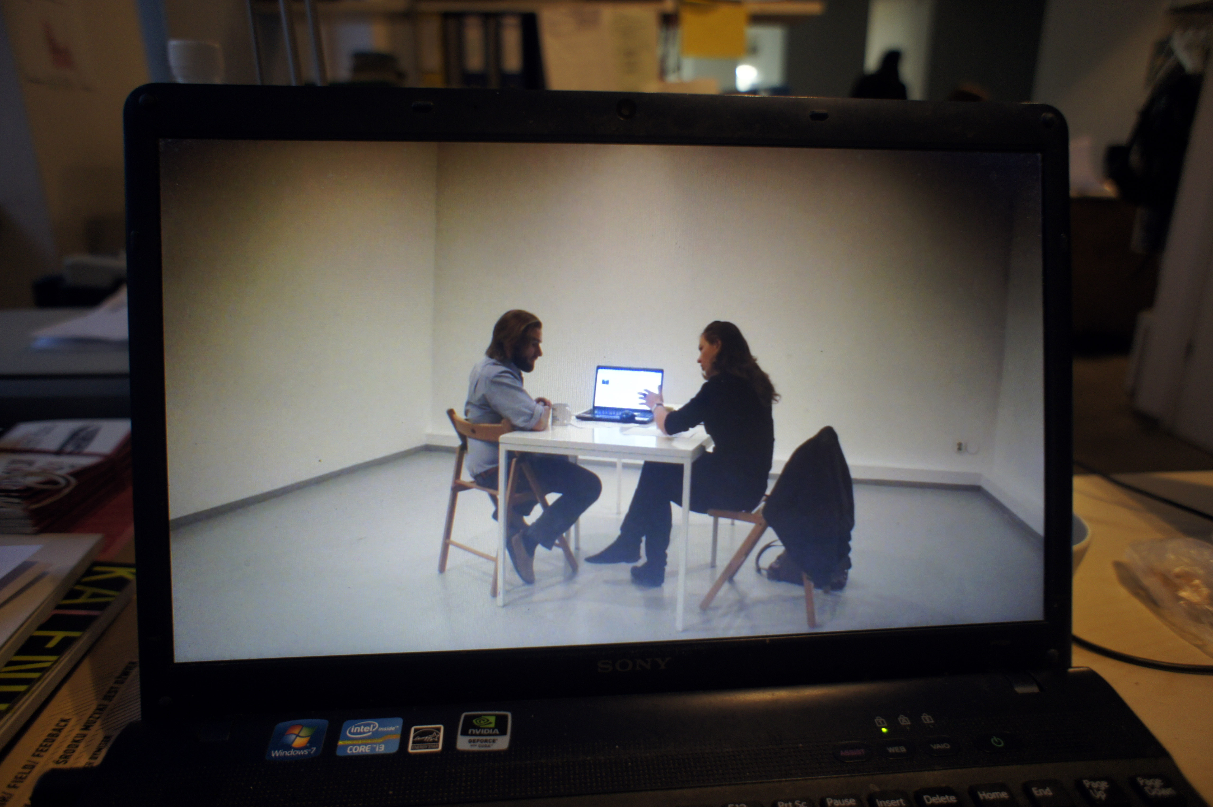 Job Offer, Stanisław Ruksza  with Parasite during a job interview for the post of the artist-parasite in Kronika Centre for Contemporary Art in Bytom, 2013 (from the artist’s personal archive)