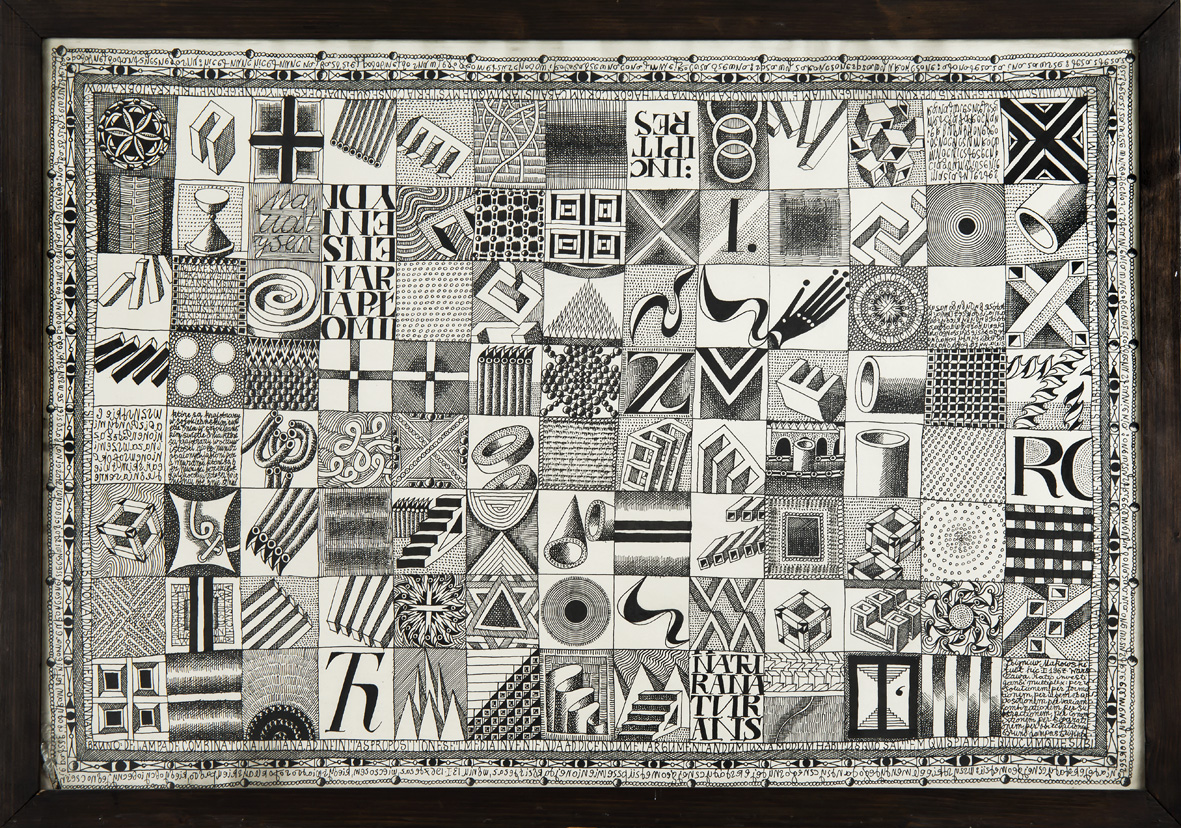 Zbigniew Makowski, //Ideogramy w kwadratach (Vitae Lampadae Traditae//), tusz / papier, 1967