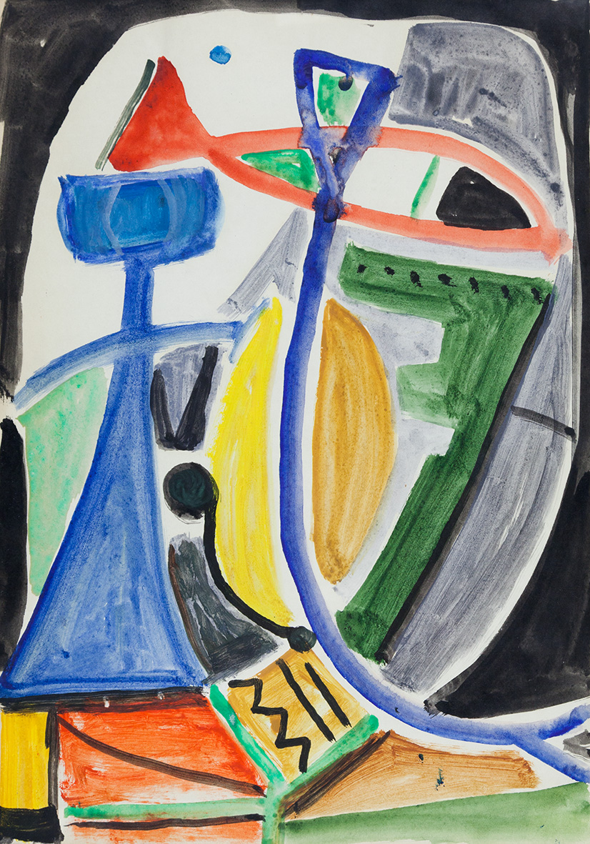 Jonasz Stern, //Kompozycja kolorowa z rybą//, 1948, akwarela / papier, 29,7 × 20,9 cm, courtesy of J.J. Grabscy
