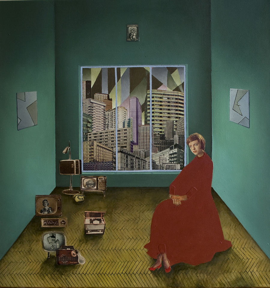 Mateusz Szczypiński, bez tytułu, 2013, olej, kolaż/płótno, 68 x 65 cm, courtesy Mateusz Szczypiński