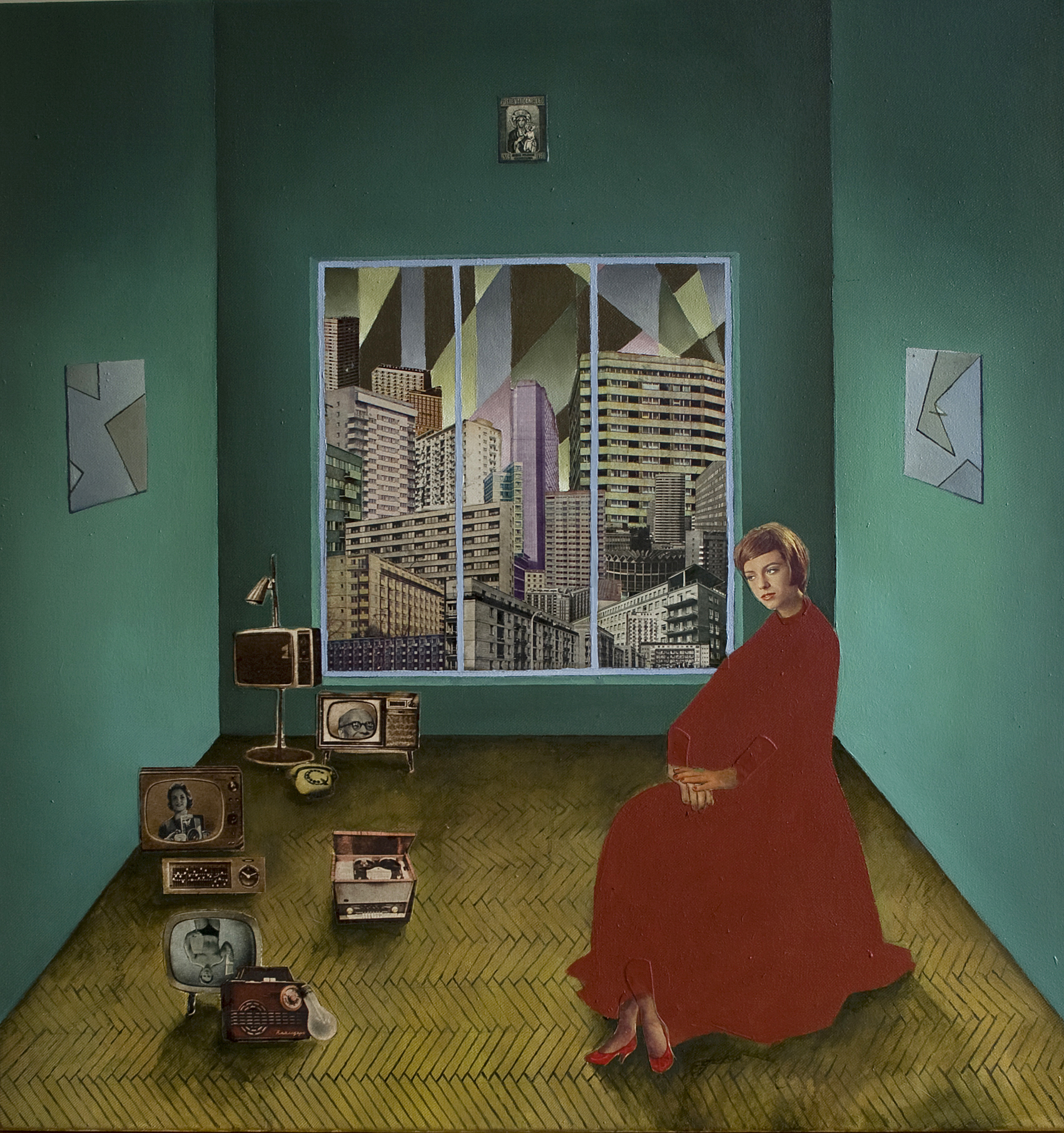 Mateusz Szczypiński, bez tytułu, 2013, olej, kolaż/płótno, 68 x 65 cm, courtesy Mateusz Szczypiński