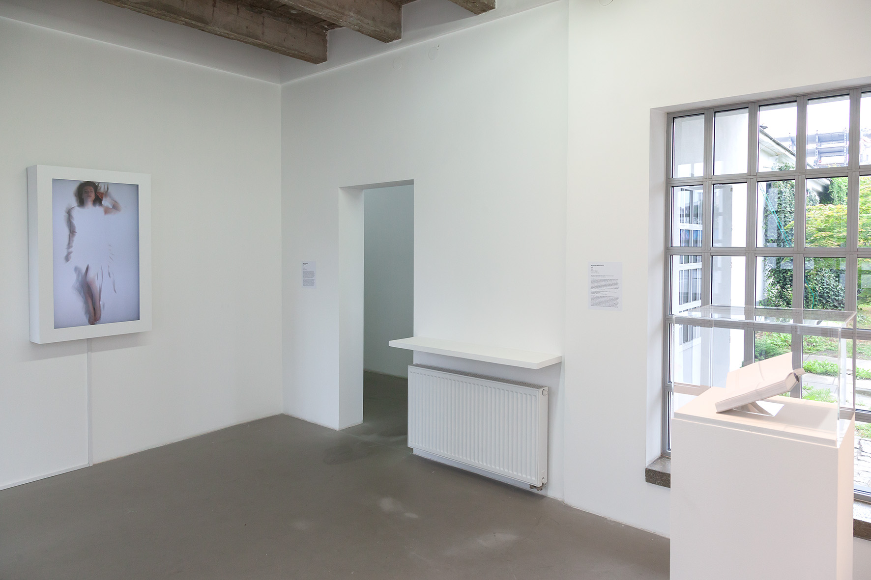 Wystawa //Gra w murach Akademii//. Po lewej: Emilė Skolevičiūtė, //Love Me Tender//, 2018, po prawej: Kęstutis Montvydas, //Idiot//, 2014, fot. R. Sosin