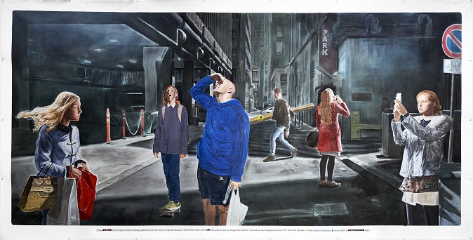 Muntean/Rosenblum, bez tytułu [Długo stali…], 2016, kreda, akryl / płótno, 285 × 545 cm, courtesy Muntean/Rosenblum, Galerie Ron Mandos, Amsterdam