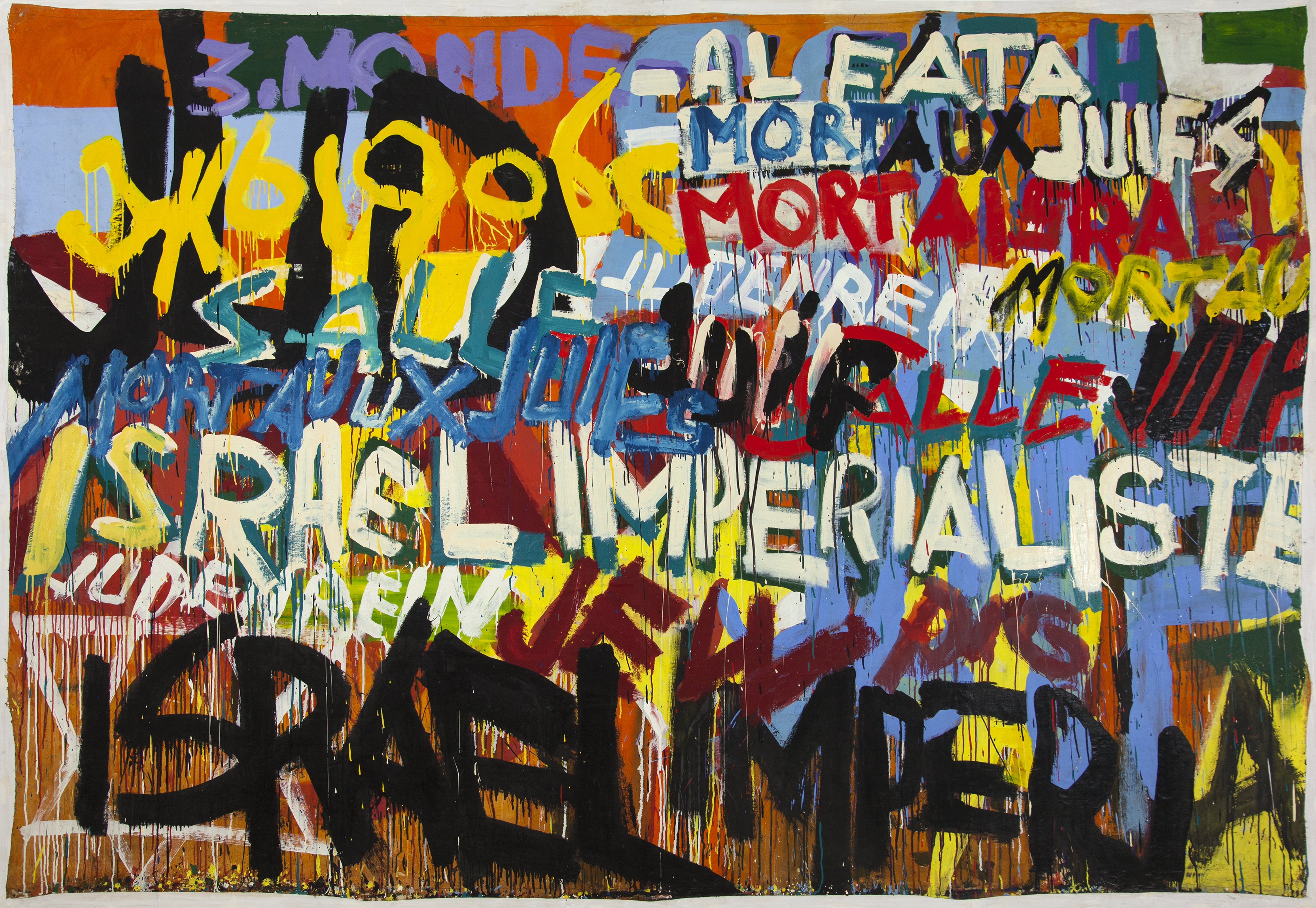 Boris Lurie, //Mort aux Juif! (Israel Imperialiste)//, 1970, enamel, oil / canvas, 228.6 × 322.6 cm, courtesy of Boris Lurie Art Foundation