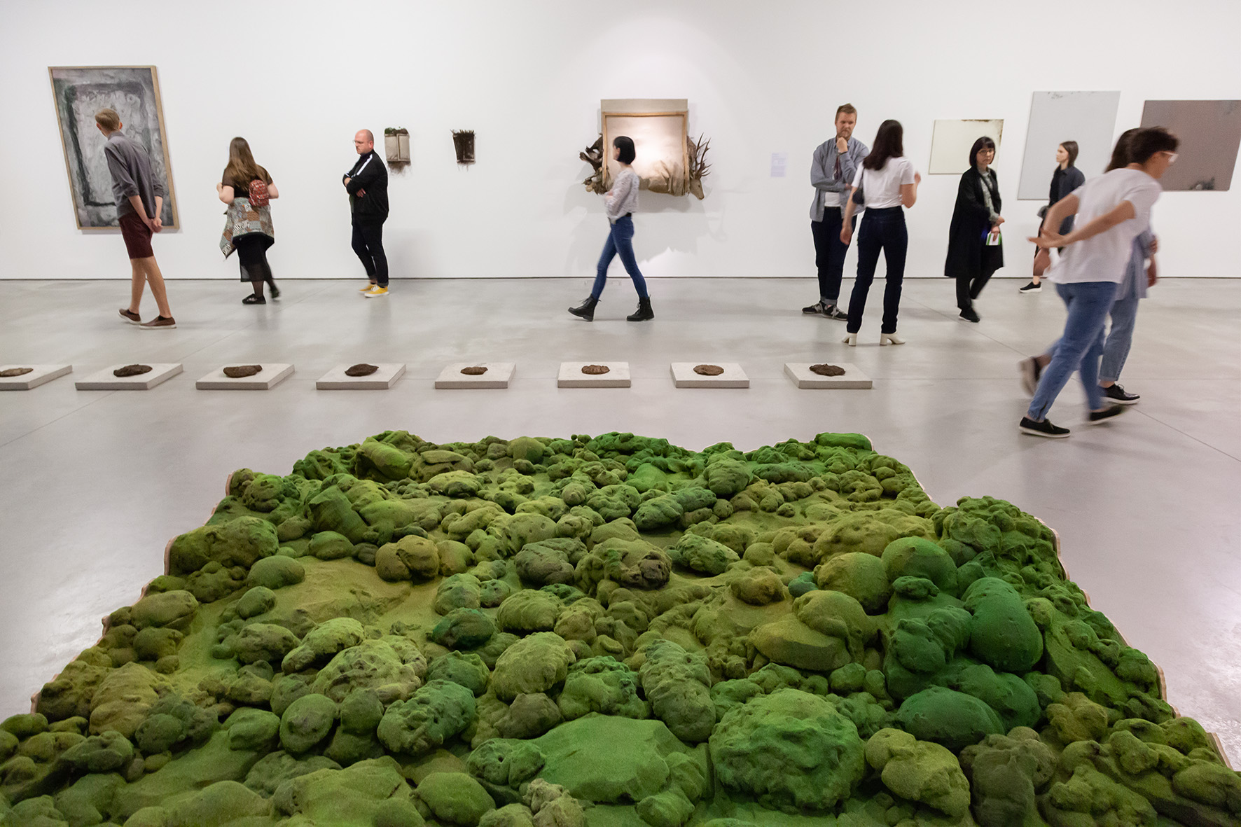 Wystawa //Natura w sztuce//. Na pierwszym planie: Michalina Bigaj, bez tytułu, 2016, obiekt, courtesy M. Bigaj. W tle widoczne prace Oskara Dawickiego, Witka Orskiego, Bartosza Kokosińskiego, fot. R. Sosin