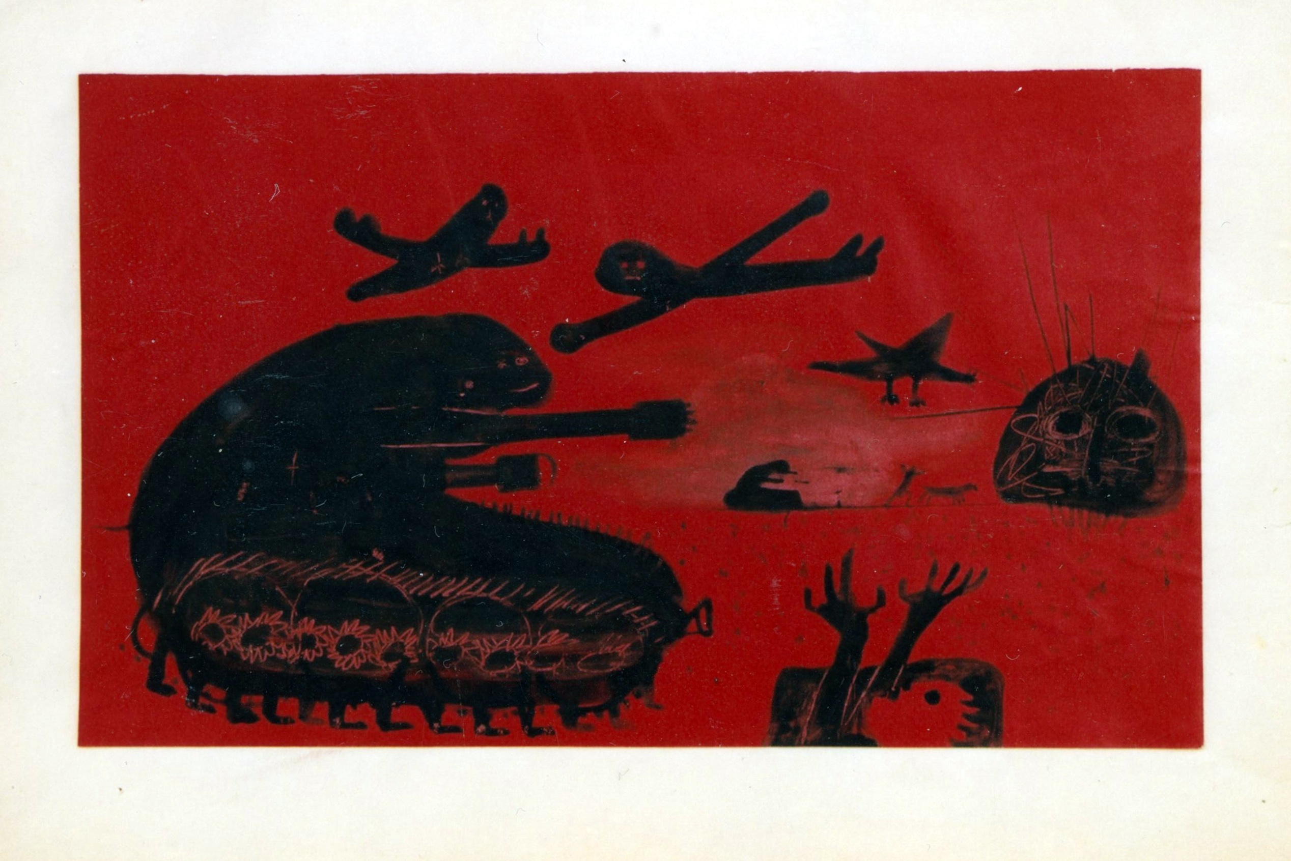 Władysław Hasior, z cyklu //Czerwona Wojna//, lata 50. XX wieku, rysunek, 29,7 × 42 cm, courtesy Muzeum Tatrzańskie 