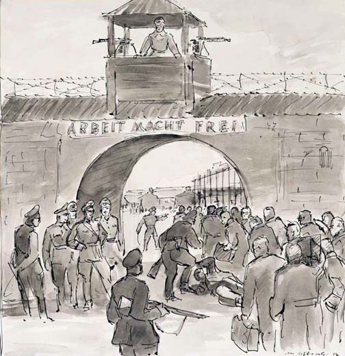 Mieczysław Wątorski, //The Professors Enter Sachsenhausen Concentration Camp//, 1956, ink / paper, courtesy Jagiellonian University Museum