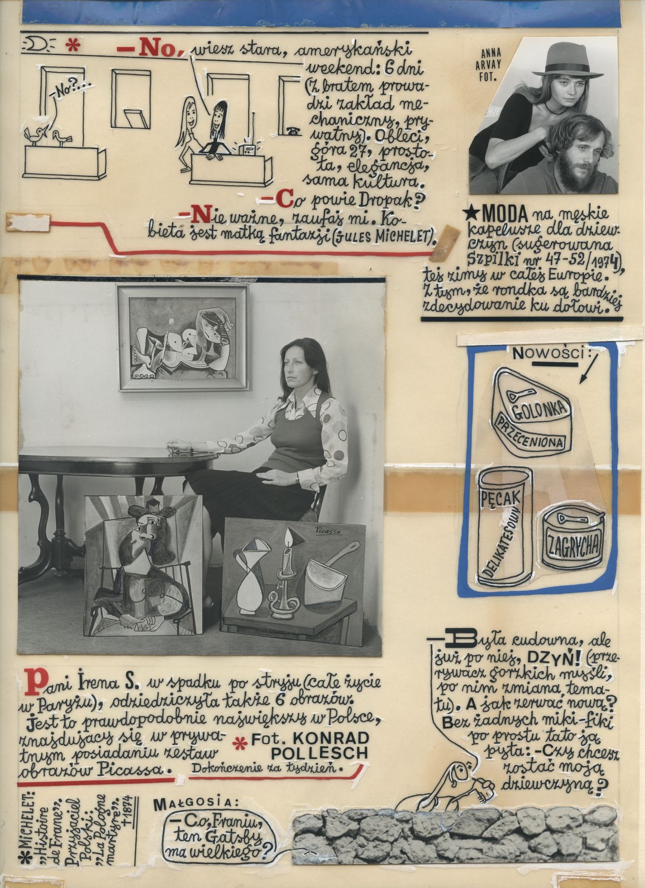 Marian Eile, //Franciszek i inni// [projekt rubryki do „Szpilek”], 1975, kolaż / kalka, 32,2 × 23 cm, Archiwum MOCAK-u