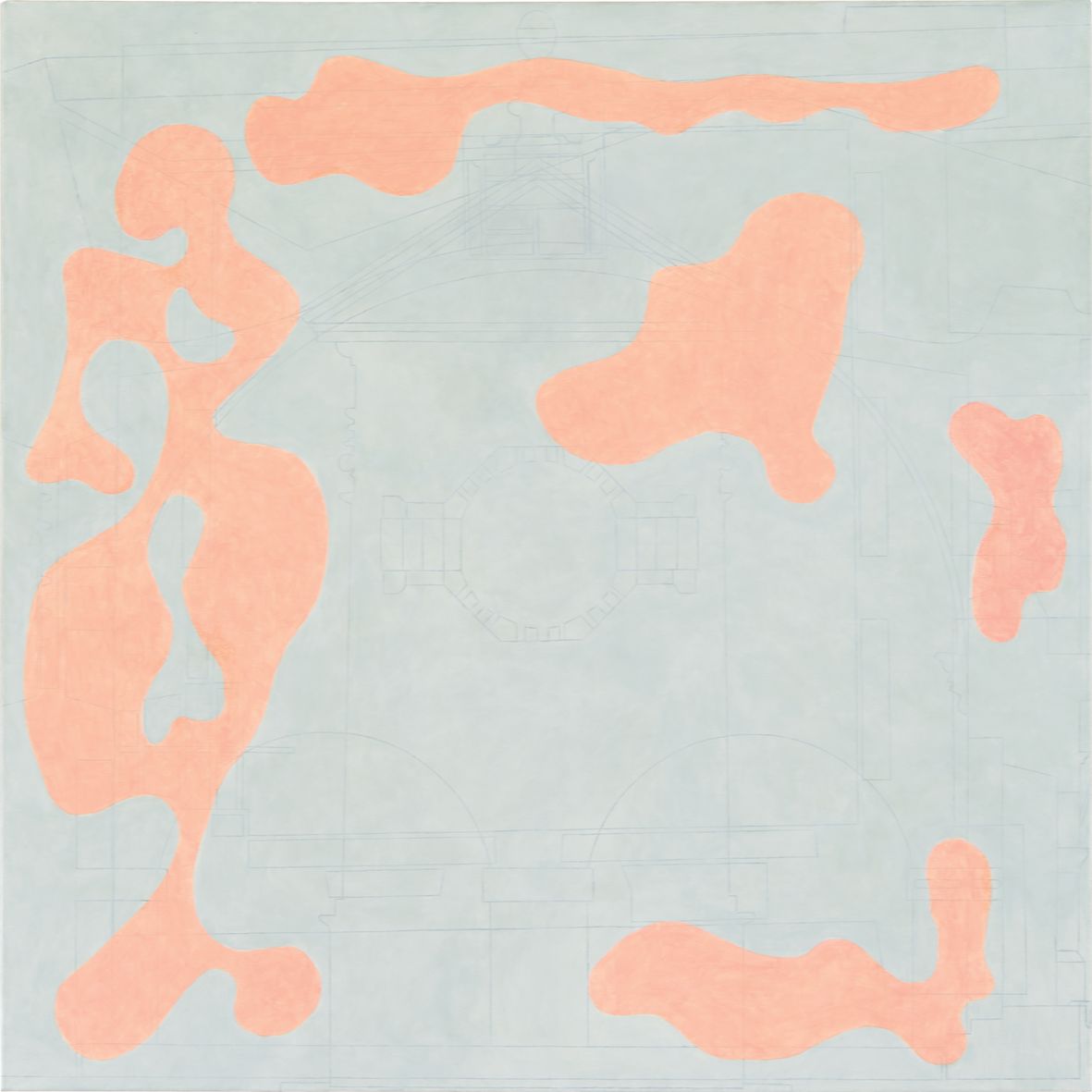 Grzegorz Sztwiertnia, //Pińczów IB//, z cyklu //Polskie miasteczka II//, 2018, akryl, olej, enkaustyka / płótno, 170 × 170 cm, courtesy G. Sztwiertnia