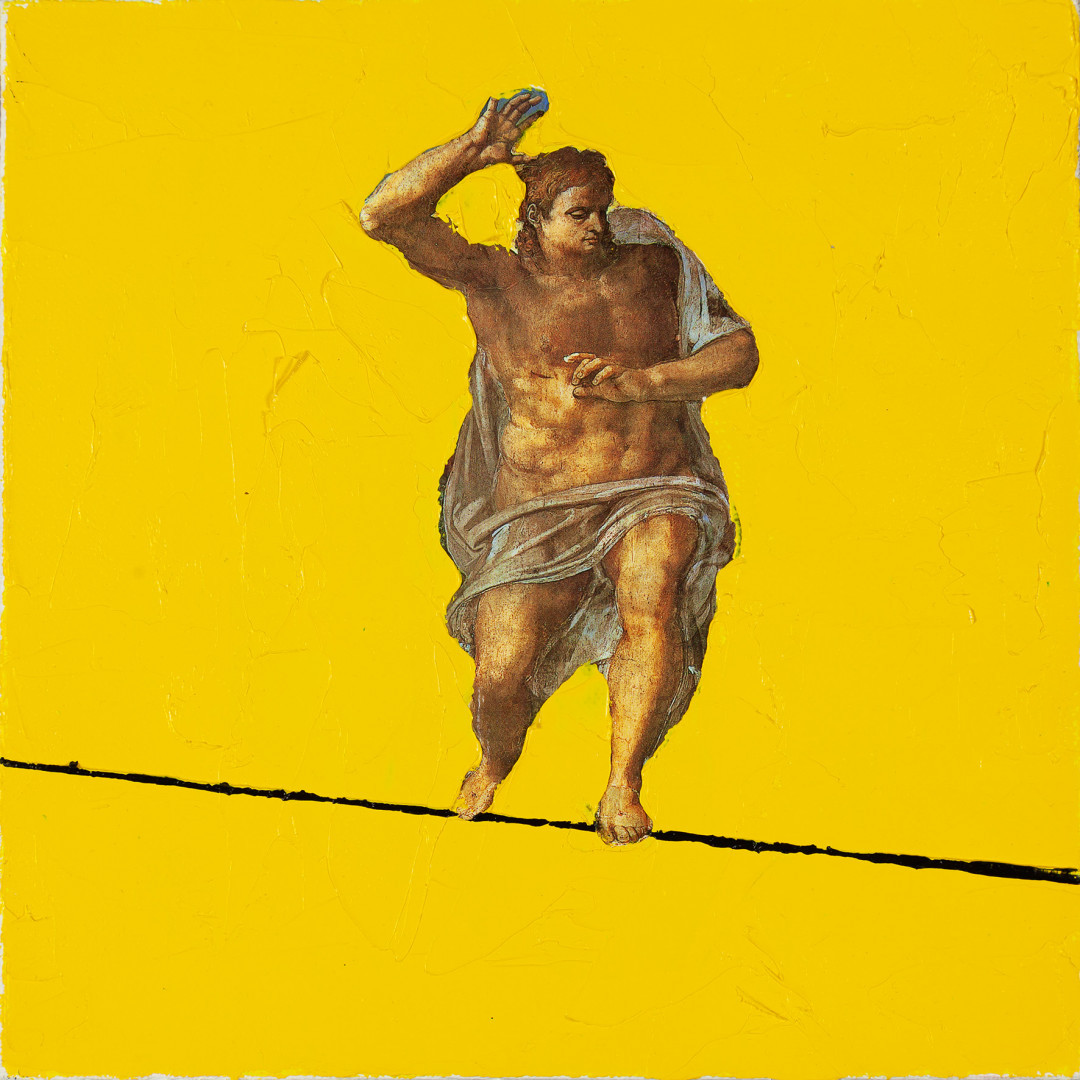 Przemek Matecki, bez tytułu [Michał Anioł], z cyklu //Małe obrazy//, 2016–2018, technika mieszana / płótno, 20 × 20 cm, Kolekcja MOCAK-u