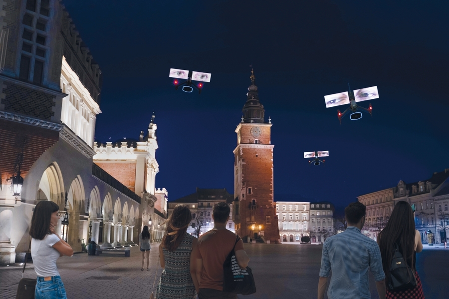 Visualization of the performance //The Sky Above Krakow//, design: M. Mosiołek, photo: F. Gąsiorowski