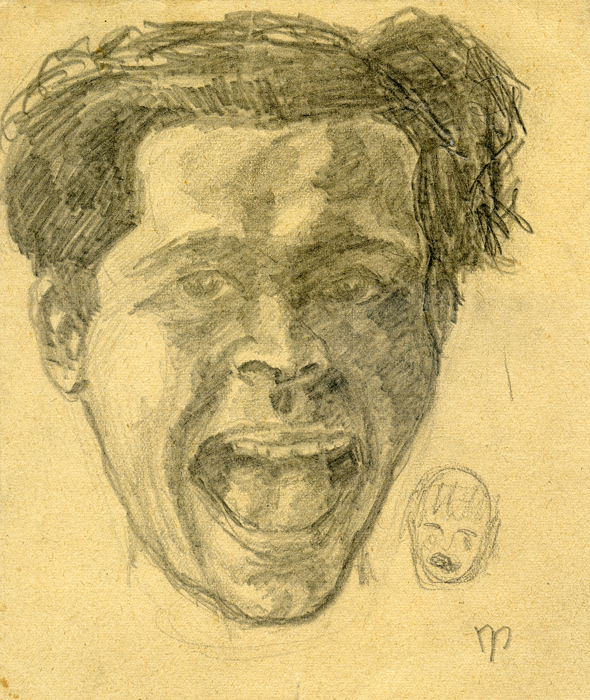 Mieczysław Porębski, //Autoportret z grymasem//, lata 40. XX wieku, ołówek / papier, 16,4 × 13,7 cm, kolekcja prywatna