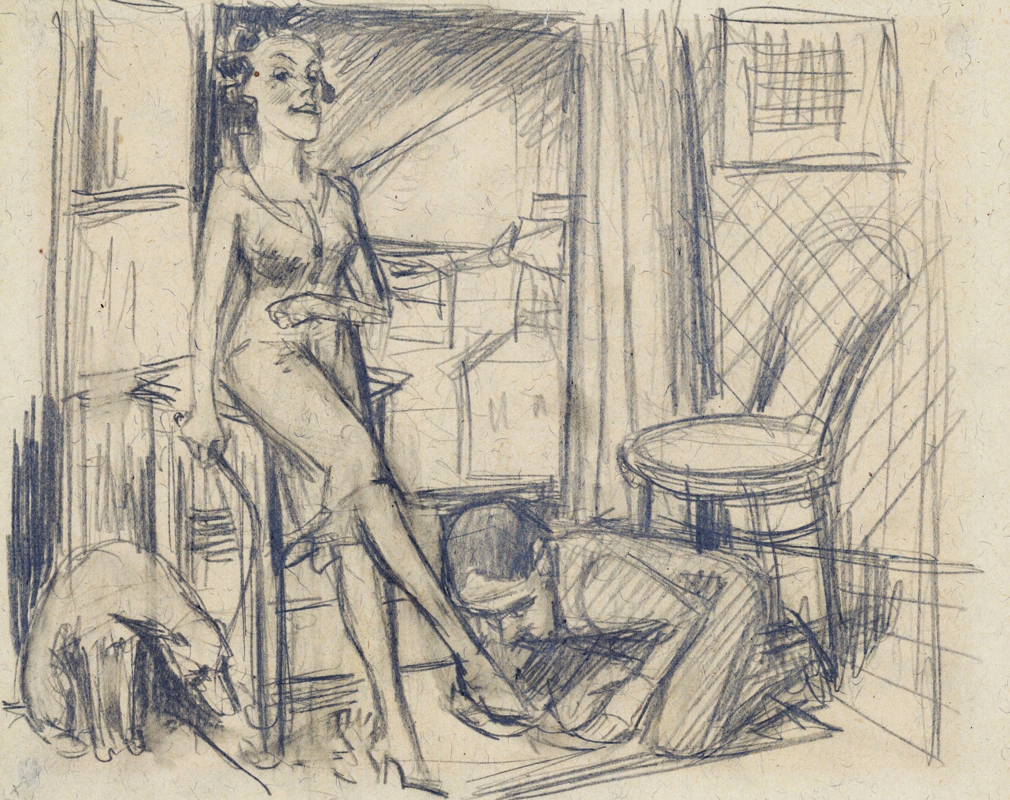 Bruno Schulz, //Kobieta – panna Kuziw, pies, mężczyzna – autoportret//, przed 1936, ołówek / papier, 16 × 20,3 cm, courtesy Muzeum Literatury im. Adama Mickiewicza w Warszawie