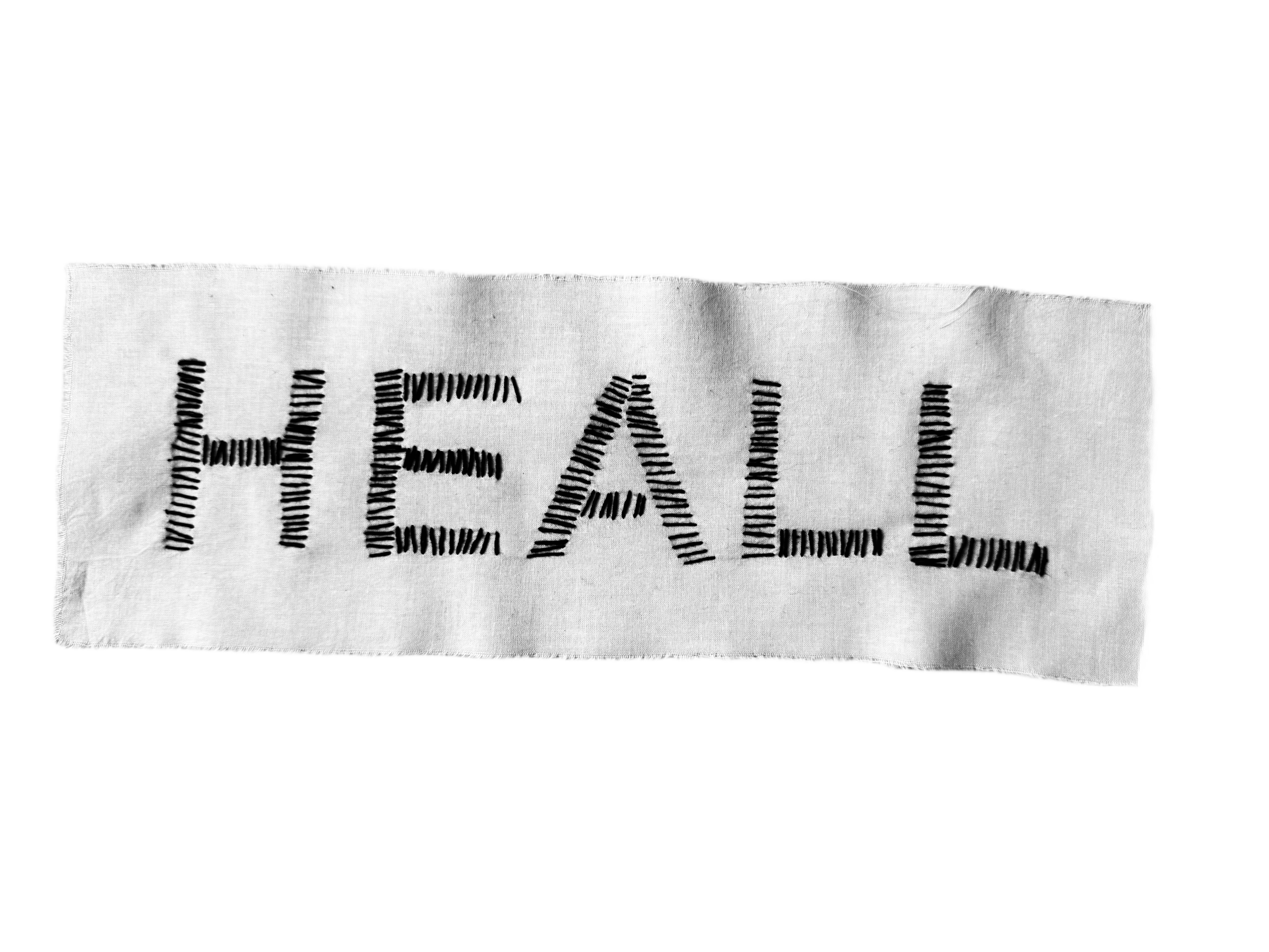 Monika Drożyńska, //Heall//, 2026, hand embroidery on fabric, 12 × 35 cm, courtesy of M. Drożyńska