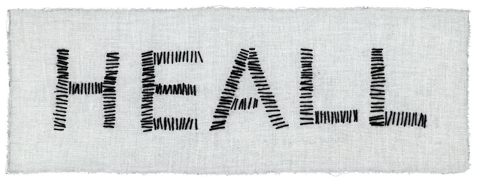 Monika Drożyńska, //Heall//, 2026, hand embroidery on fabric, 12 × 35 cm, courtesy of M. Drożyńska